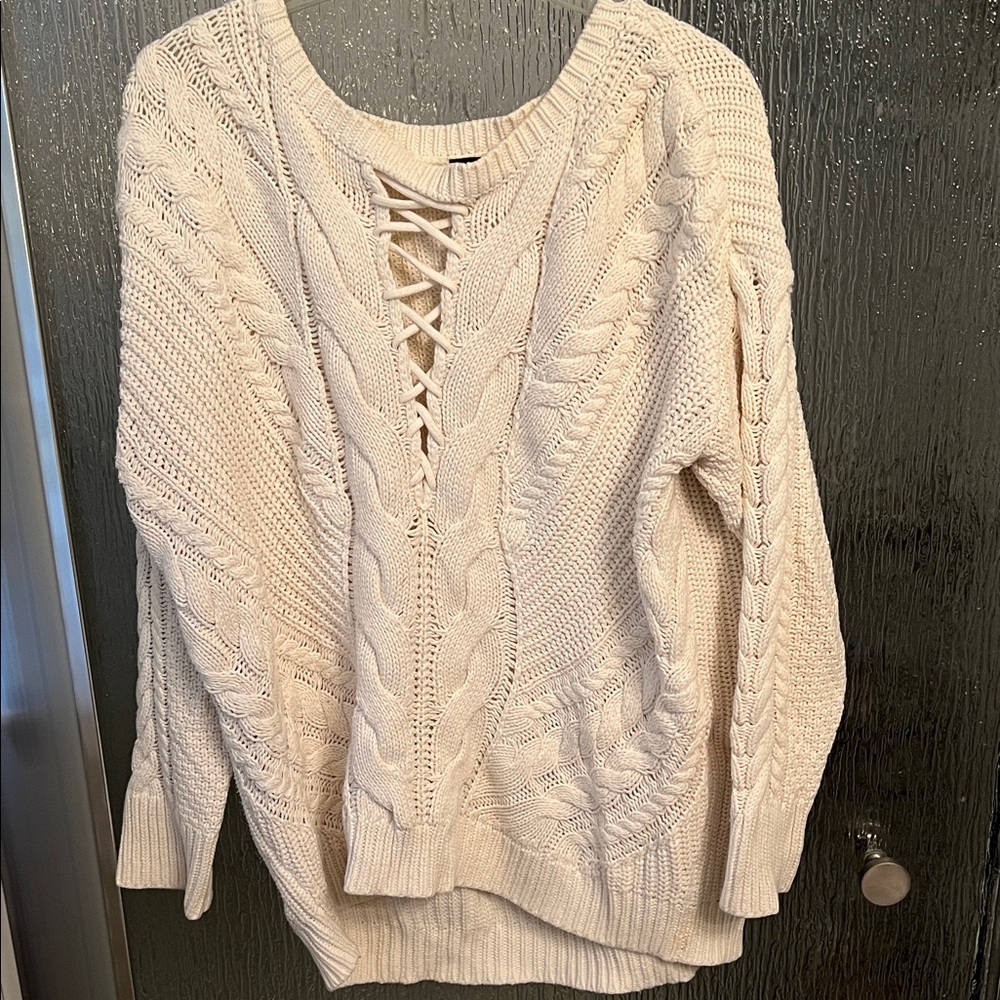 Express Cream Lace-Up Cable Knit Sweater